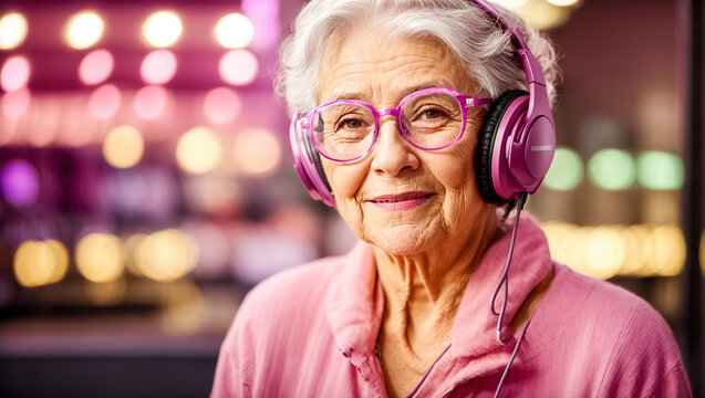 Smiling Elderly Lady In Pink With Hazel Green Eyes And Blush Wearing Headphones