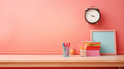 Education and back to school concept. Stationery over pink wall