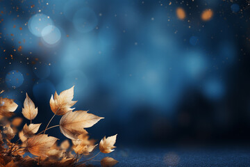 Autumn Background with golden leaves against a serene blue backdrop. Ai generated - obrazy, fototapety, plakaty