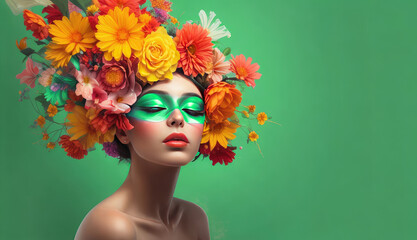 bizarre abstract portrait of a woman with flowers above her head. vibrant summer hues. Copy space for text, advertising, message, logo