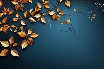 Autumn Background with golden leaves against a serene blue backdrop. Ai generated