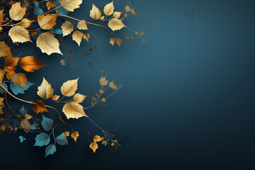 Autumn Background with golden leaves against a serene blue backdrop. Ai generated