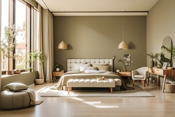 Spacious bedroom interior in beige and olive colour. architecture