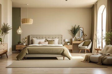 Spacious bedroom interior in beige and olive colour. bed