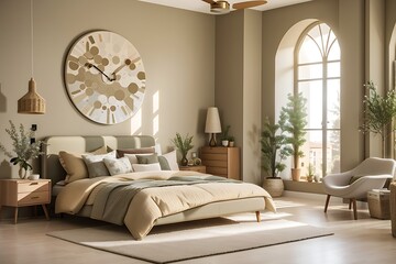 Spacious bedroom interior in beige and olive colour. bedroom