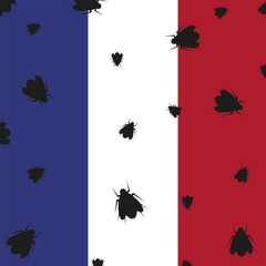 Design France flag with black Bedbug silhouette. Invasion of beetles in Paris. Anti-sanitation in France concept. Vector illustration. 