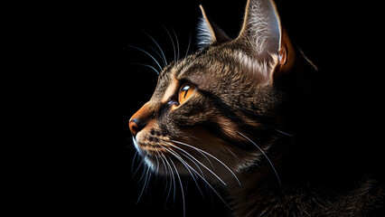 Cat on black background, in the style of contemporary realism portrait.
