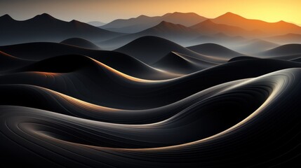 Black hills, a golden glow, a mighty sandy desert.