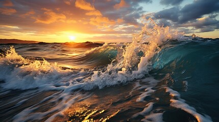 Sparkling sea, raging waves illuminated by the warming sun, hanging clouds.