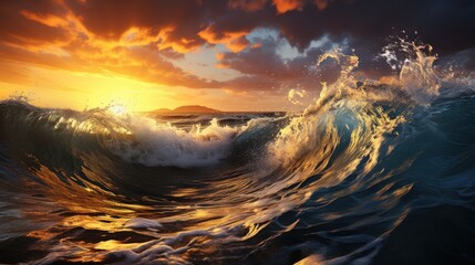 Sparkling sea, raging waves illuminated by the warming sun, hanging clouds. - obrazy, fototapety, plakaty