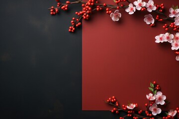 Red blank sheet for congratulations with a sakura branch. Congratulatory background