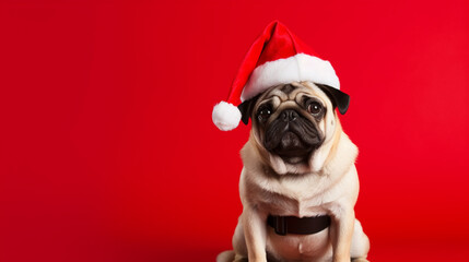 Adorable wallpaper or background of young funny looking dog dressed up as santa in christmas card photo shoot on red background.