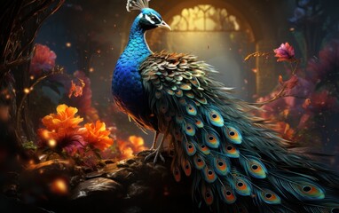 Fototapeta premium Beautiful peacock. Majestic magical plumage.