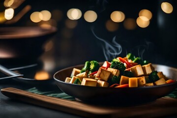 ﻿A picture of Tofu Stir Fry taken close, with a nice blurry background.. AI Generated