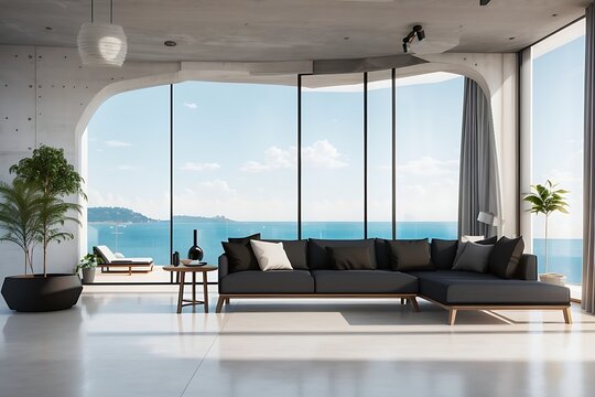 Minimal Loft Style Living Room With Sea View, There Are Polished Concrete Floor Decorate With Black Fabric Furniture Overlooking Terrace Behide. House