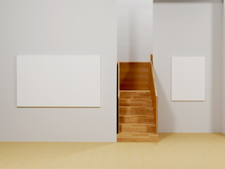 Fototapeta premium Wooden staircase decorated with empty poster, Empty frame. white background. Advertisement concept. Mock up, 3D Rendering front view