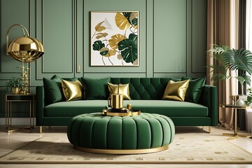 Luxury living room in house with modern interior design, green velvet sofa, coffee table, pouf, gold decoration, plant, lamp, carpet, mock up poster frame and elegant accessories. room