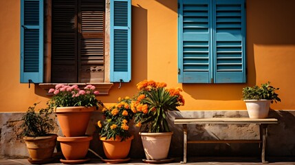 Fototapeta na wymiar a mediterranean house with potted flowers