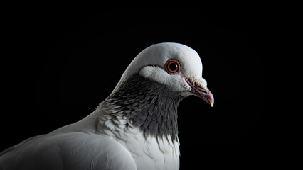 dove on black background, in the style of contemporary realist portrait.