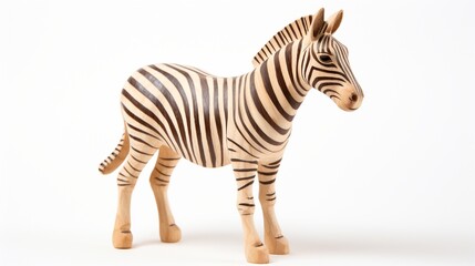 Fototapeta premium Handmade wooden zebra statue on a white backdrop