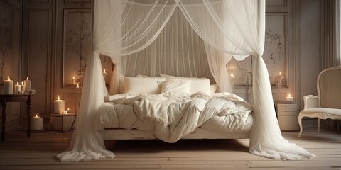 Shabby chic bedroom with mosquito net