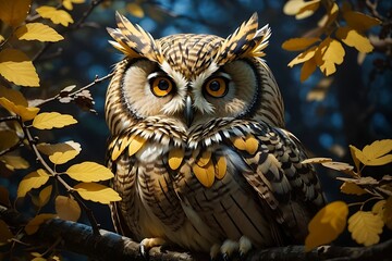 deep woods at night, majestic owl perched on a tree branch. wildlife