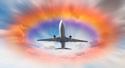 Fototapeta na wymiar White passenger airplane under the clouds with amazing round shape rainbow - Travel by air transport