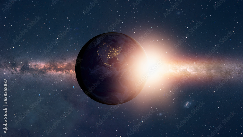 Poster planet earth with a spectacular sunset with milky way galaxy 