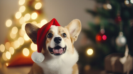 Cute dog corgi in Santa hat celebrates Christmas at home on Christmas eve.