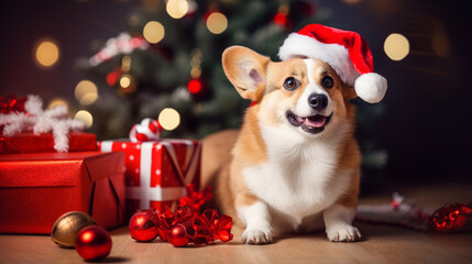 Cute dog corgi in Santa hat celebrates Christmas at home on Christmas eve.