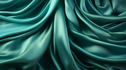 Obraz premium Beautiful light green blue silk satin surface. Soft folds on shiny fabric. Luxury teal background with space for text, design. Web banner. Flat lay table. Top view. Birthday, Christmas, Valentine