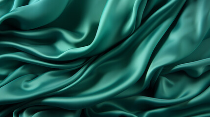 Fototapeta premium Beautiful light green blue silk satin surface. Soft folds on shiny fabric. Luxury teal background with space for text, design. Web banner. Flat lay table. Top view. Birthday, Christmas, Valentine
