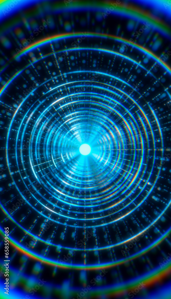 Poster illustation of circles in a tunnel with particles against a dark background - abstract background.