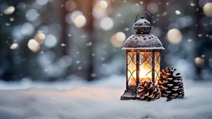 Winter Wonderland: Christmas Lantern and Pine Cone Decoration in Snowy Landscape with Enchanting Bokeh