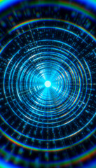 Illustation of circles in a tunnel with particles against a dark background - abstract background.