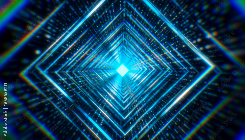 Aufkleber illustation of squares in a tunnel with particles against a dark background - abstract background.