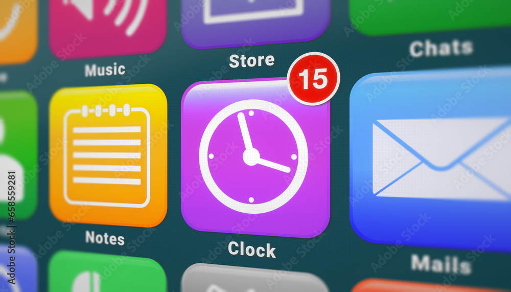 Poster illustation of a smartphone screen. in focus a clock app with notifications.