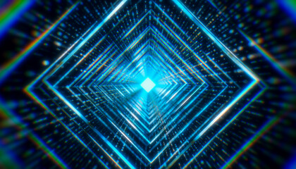 Illustation of squares in a tunnel with particles against a dark background - abstract background.