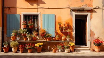 Fototapeta na wymiar a mediterranean house with potted flowers