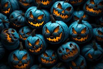 Halloween background illustration featuring a vibrant palette of blue and orange pumpkins. Ai generated