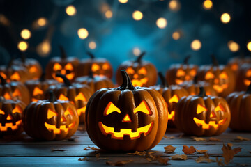Fototapeta premium Halloween background illustration featuring a vibrant palette of blue and orange pumpkins. Ai generated