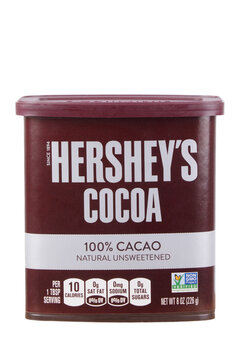Container of Hersheys Unsweetened Chocolate Cocoa Powder isolated  white background