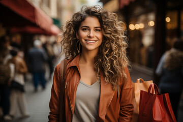 Happy woman immersed in a delightful shopping experience. Happy Woman's Retail Adventure. Ai generated