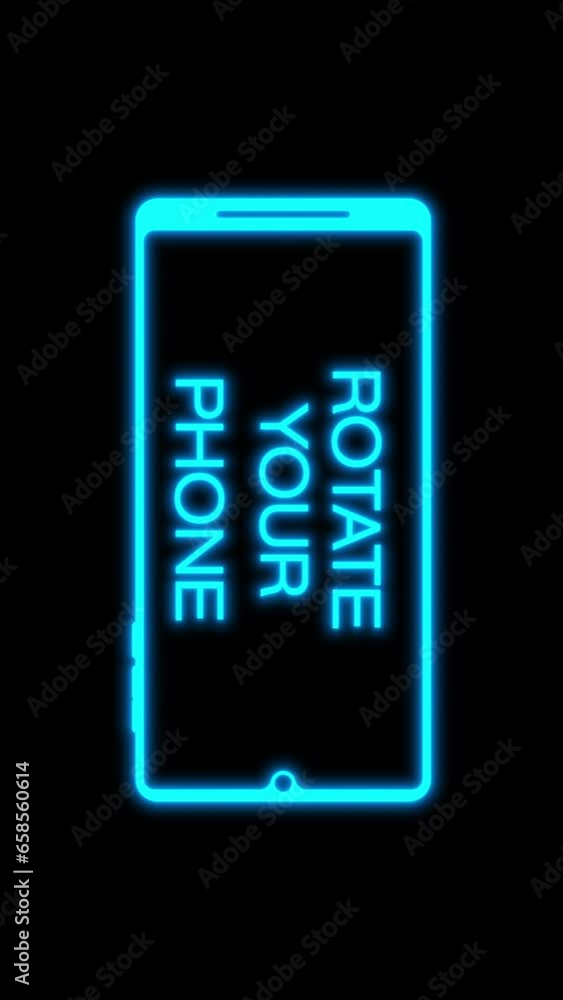 Poster vertical video animation with the message rotate your phone in neon blue over black background. seam