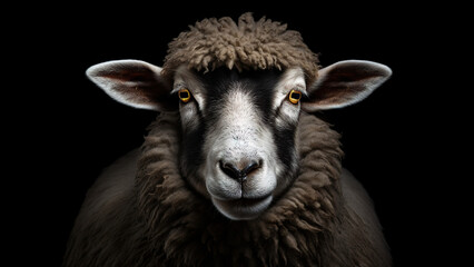 Sheep on black background, in the style of contemporary realist portrait
