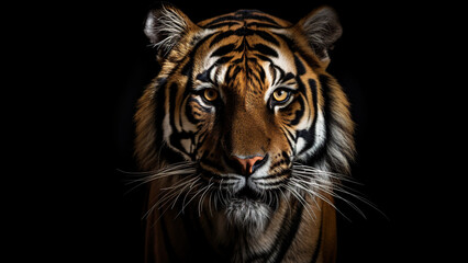 Fototapeta premium Tiger on black background, in the style of contemporary realist portrait