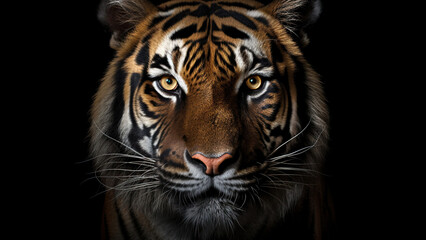 Tiger on black background, in the style of contemporary realist portrait.