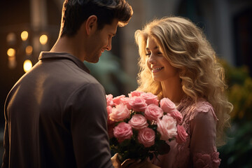 Moment romance as a dapper man offers a bouquet of exquisite flowers to a stunning and gracious lady. Ai generated