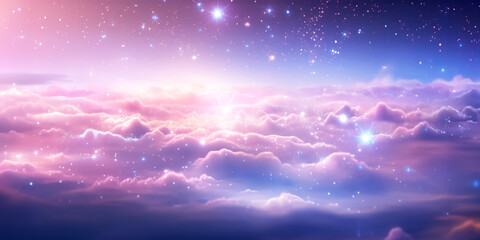 Colorful clouds pink pastel sky and stars fantasy background.