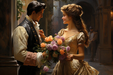 Moment romance as a dapper man offers a bouquet of exquisite flowers to a stunning and gracious lady. Ai generated